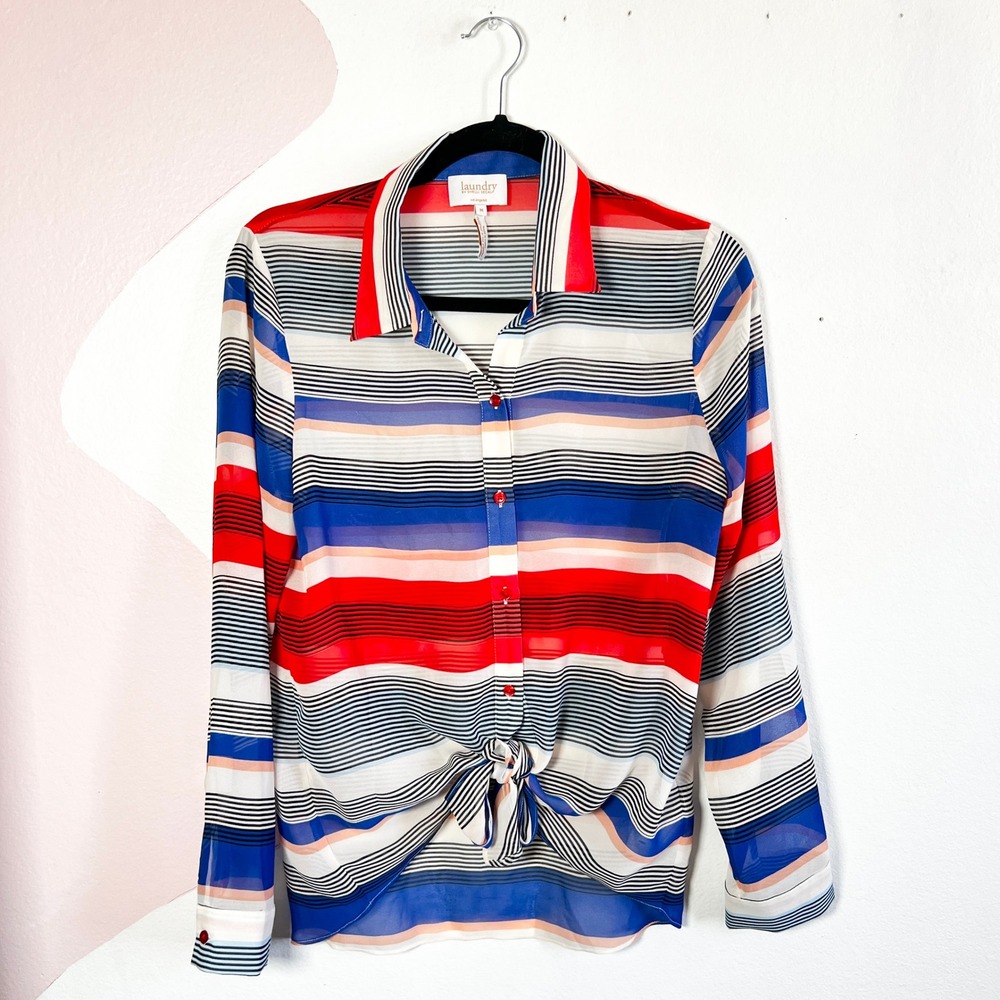 Laundry by Shelli Segal Top Women's Medium Sheer Striped Blouse Retro